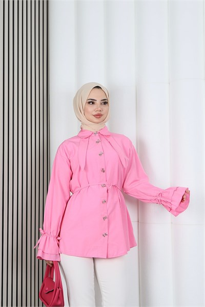 Kelebek Taş Düğme Detaylı  Bağcıklı Tunik Pembe   HNT2126