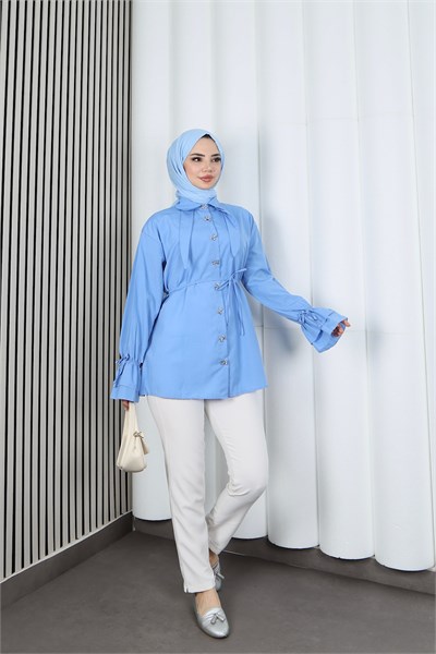 Kelebek Taş Düğme Detaylı  Bağcıklı Tunik Bebe Mavisi    HNT2126