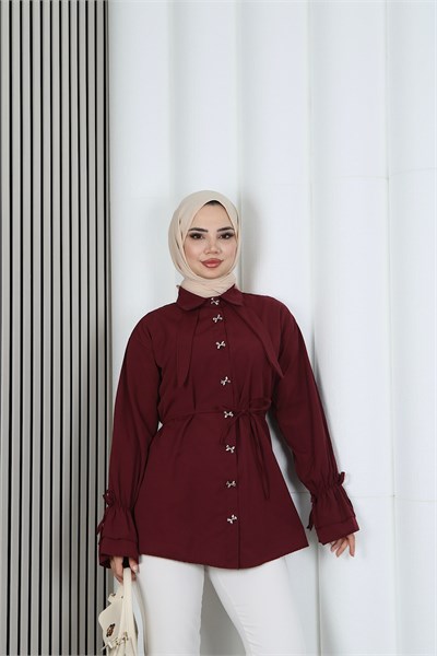 Kelebek Taş Düğme Detaylı  Bağcıklı Tunik Bordo  HNT2126