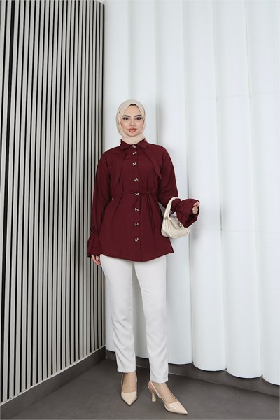 Kelebek Taş Düğme Detaylı  Bağcıklı Tunik Bordo  HNT2126