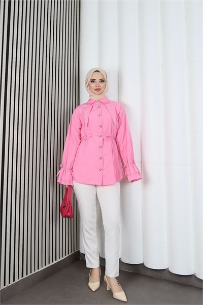 Kelebek Taş Düğme Detaylı  Bağcıklı Tunik Pembe   HNT2126