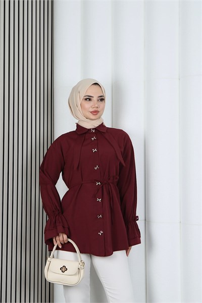 Kelebek Taş Düğme Detaylı  Bağcıklı Tunik Bordo  HNT2126
