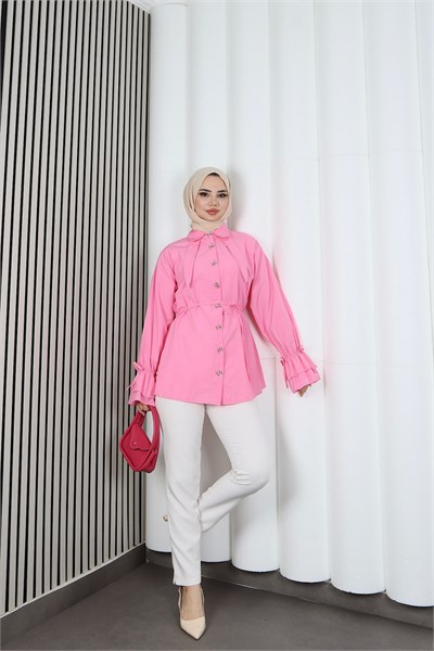 Kelebek Taş Düğme Detaylı  Bağcıklı Tunik Pembe   HNT2126