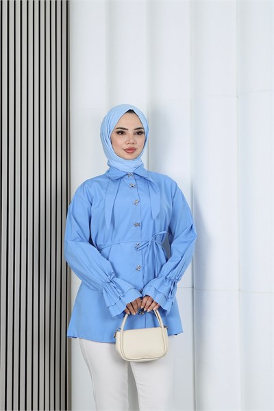 Kelebek Taş Düğme Detaylı  Bağcıklı Tunik Bebe Mavisi    HNT2126