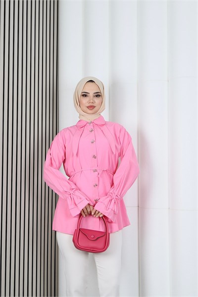 Kelebek Taş Düğme Detaylı  Bağcıklı Tunik Pembe   HNT2126