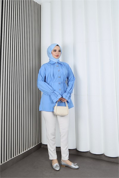 Kelebek Taş Düğme Detaylı  Bağcıklı Tunik Bebe Mavisi    HNT2126