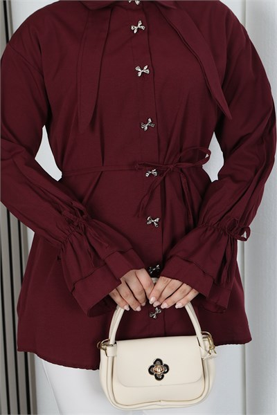 Kelebek Taş Düğme Detaylı  Bağcıklı Tunik Bordo  HNT2126