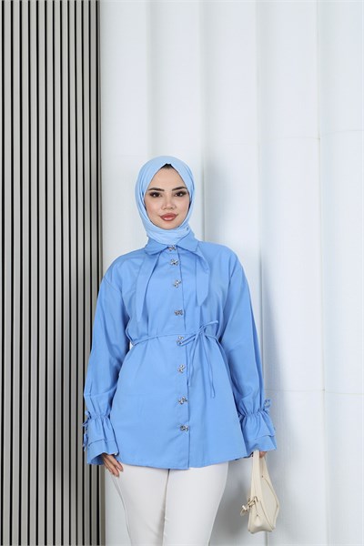 Kelebek Taş Düğme Detaylı  Bağcıklı Tunik Bebe Mavisi    HNT2126