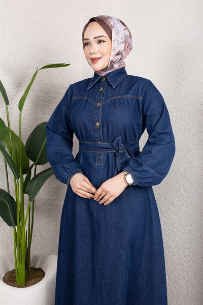 Kemerli Düğmeli Kot Elbise – Tesettür Denim Uzun Elbise Koyu Mavi