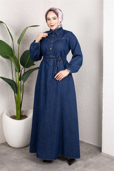 Kemerli Düğmeli Kot Elbise – Tesettür Denim Uzun Elbise Koyu Mavi