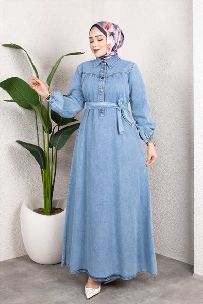 Kemerli Düğmeli Kot Elbise – Tesettür Denim Uzun Elbise Açık Mavi