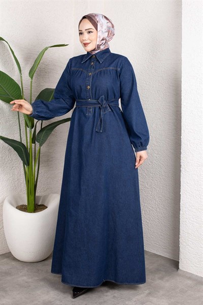 Kemerli Düğmeli Kot Elbise – Tesettür Denim Uzun Elbise Koyu Mavi