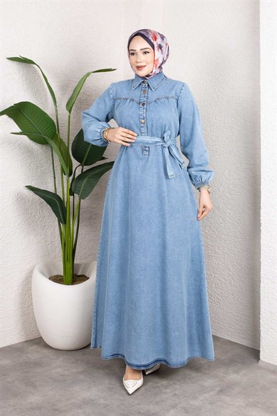 Kemerli Düğmeli Kot Elbise – Tesettür Denim Uzun Elbise Açık Mavi