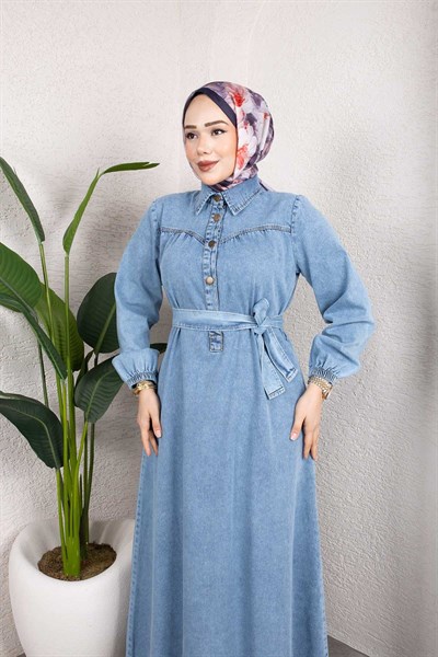 Kemerli Düğmeli Kot Elbise – Tesettür Denim Uzun Elbise Açık Mavi