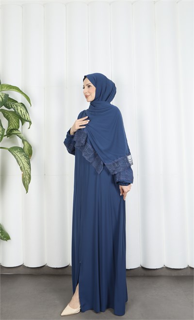 Kendinden  Şallı Fermuarlı  Namaz Elbise  İndigo HNT7068
