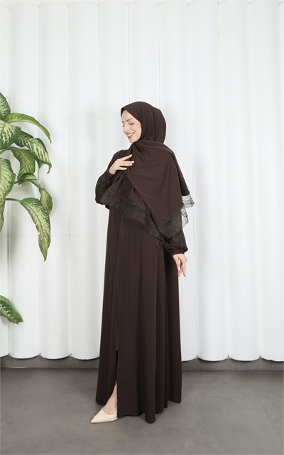 Kendinden Şallı Fermuarlı Namaz Elbise Acı Kahve HNT7068