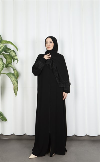 Kendinden Şallı Fermuarlı Namaz Elbise Siyah HNT7068