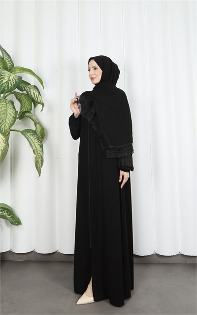 Kendinden Şallı Fermuarlı Namaz Elbise Siyah HNT7068