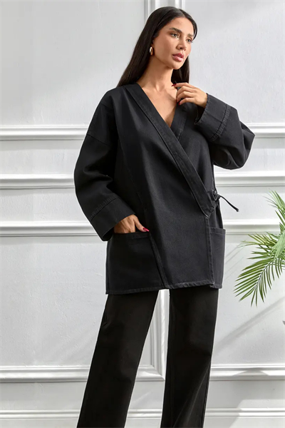 Kimono Kesim Ceket | Bağlamalı Cepli Oversize Model