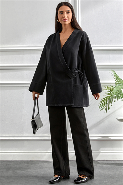 Kimono Kesim Ceket | Bağlamalı Cepli Oversize Model
