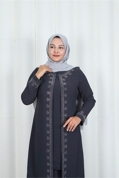 Kolları Taşlı Büyük Beden Anne Takımı Gri  HNT2101