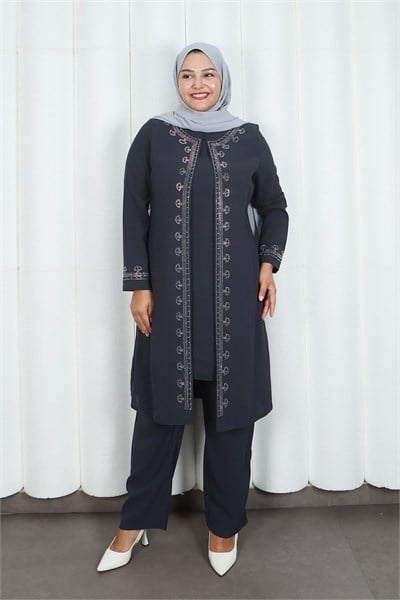 Kolları Taşlı Büyük Beden Anne Takımı Gri  HNT2101