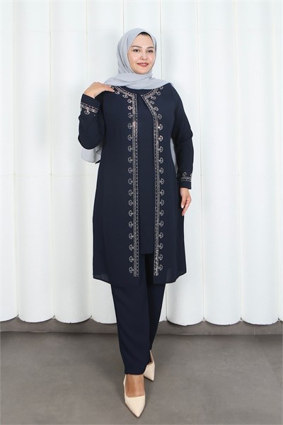 Kolları Taşlı Büyük Beden Anne Takımı Lacivert  HNT2101