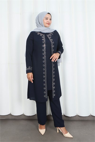 Kolları Taşlı Büyük Beden Anne Takımı Lacivert  HNT2101