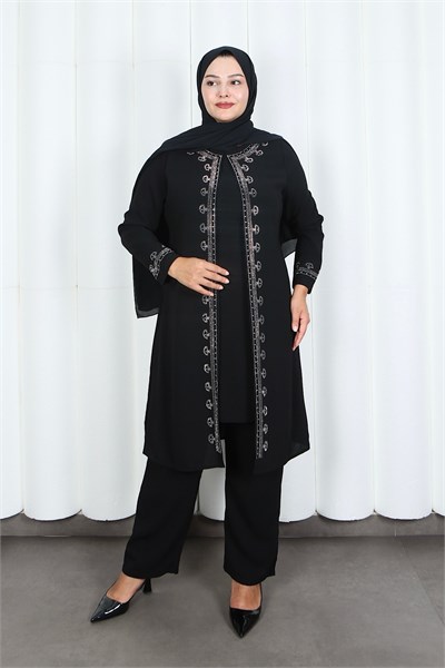 Kolları Taşlı Büyük Beden Anne Takımı Siyah   HNT2101