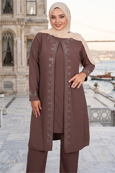 Kolları Taşlı Büyük Beden Anne Takımı Vizon HNT2101