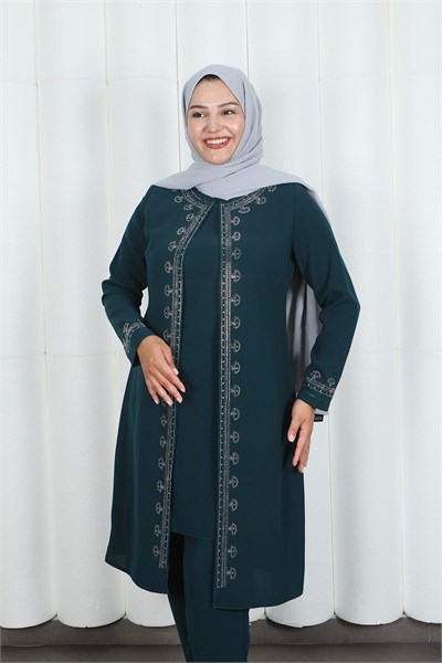 Kolları Taşlı Büyük Beden Anne Takımı Zümrüt HNT2101
