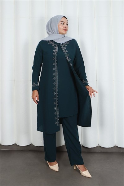 Kolları Taşlı Büyük Beden Anne Takımı Zümrüt HNT2101