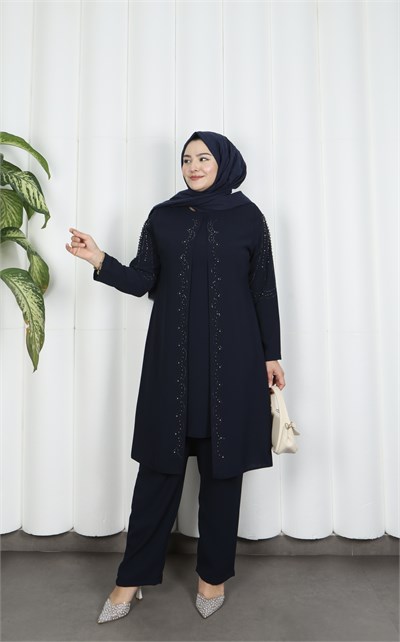 Kolları Taşlı Büyük Beden İkili Takım  Anne Takımı Lacivert HNT7097