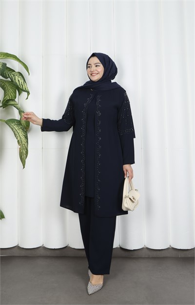 Kolları Taşlı Büyük Beden İkili Takım  Anne Takımı Lacivert HNT7097