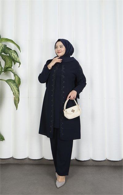 Kolları Taşlı Büyük Beden İkili Takım  Anne Takımı Lacivert HNT7097