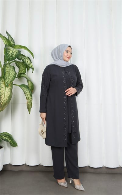 Kolları Taşlı Büyük Beden İkili Takım  Anne Takımı  Gri   HNT7097