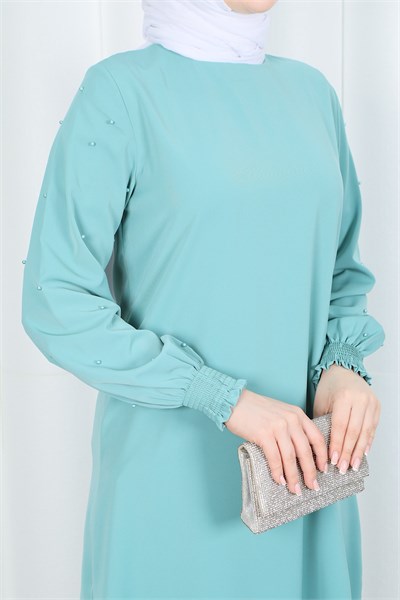 Kolu Boncuk Detaylı Tesettür Tunik Mint Yeşili HNT7515