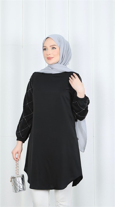 Kolu Taş Detaylı  Tunik Siyah HNT7518