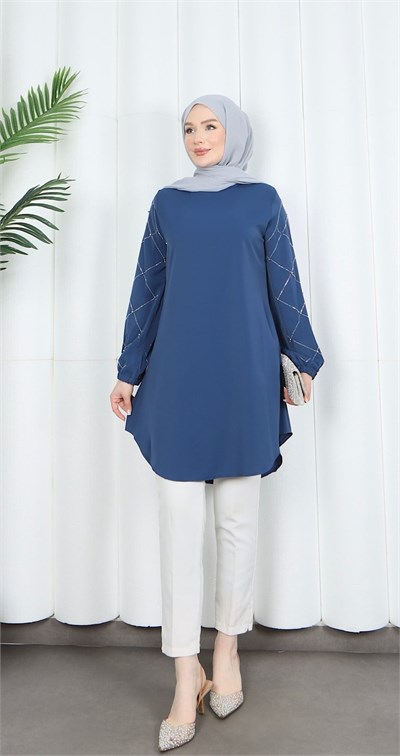 Kolu Taş Detaylı Tunik İndigo  HNT7518