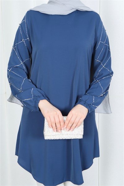 Kolu Taş Detaylı Tunik İndigo  HNT7518
