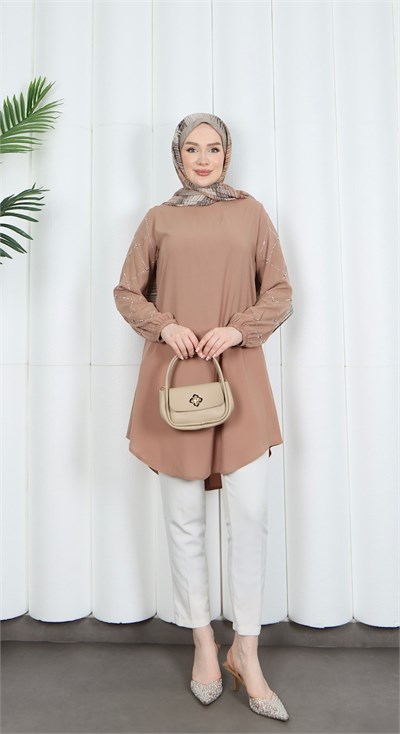 Kolu Taş Detaylı Tunik Taba  HNT7518