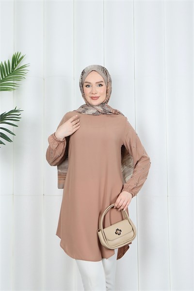 Kolu Taş Detaylı Tunik Taba  HNT7518