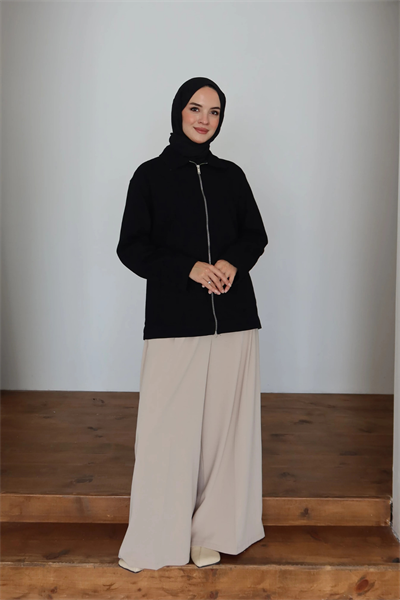 Kot Ceket | Siyah Cepli Fermuarlı Oversize Günlük Stil