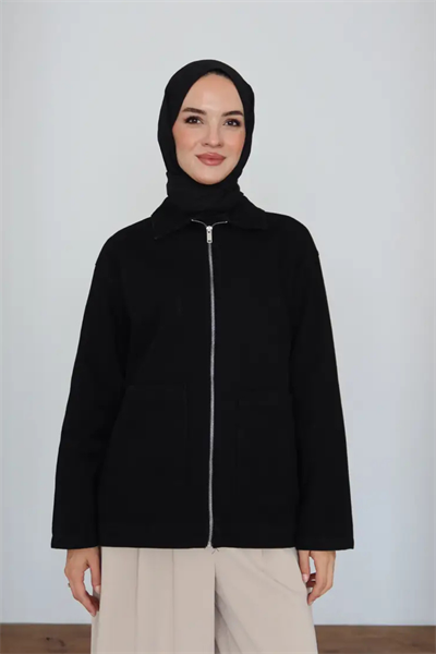 Kot Ceket | Siyah Cepli Fermuarlı Oversize Günlük Stil