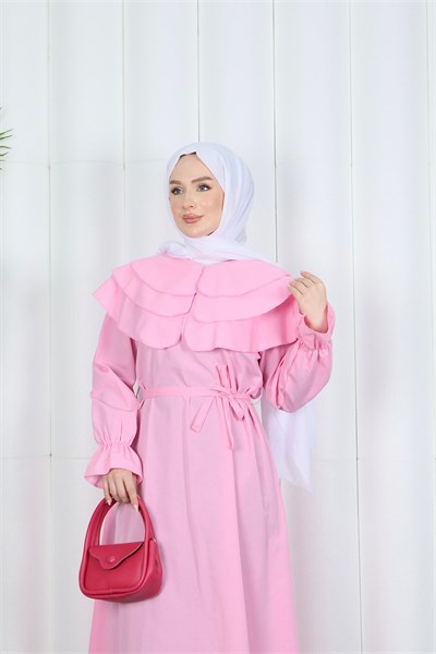 Kuşaklı Fırfır Detaylı Tesettür Terikoton Elbise Pembe HNT0314