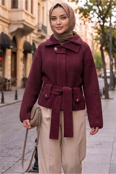 Kuşaklı Yarım Balıkçı Yaka Triko Hırka Bordo HNT2808
