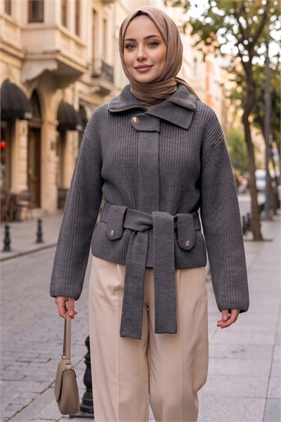 Kuşaklı Yarım Balıkçı Yaka Triko Hırka Gri  HNT2808