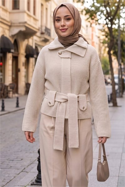 Kuşaklı Yarım Balıkçı Yaka Triko Hırka Krem  HNT2808