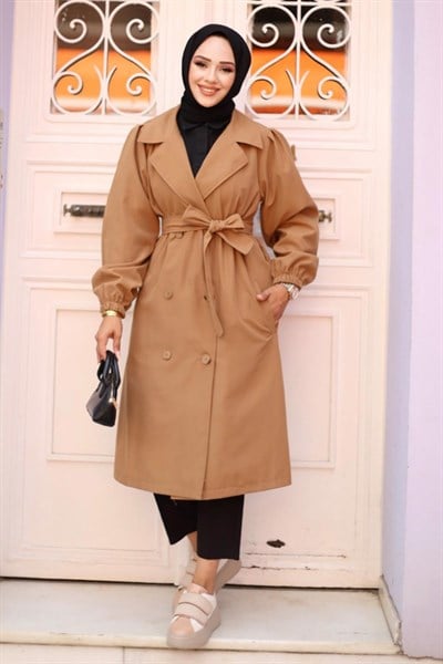 Omzu Pileli Detaylı Trençkot  Camel 4429
