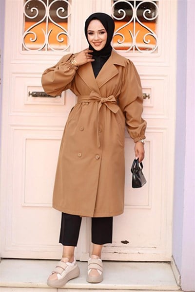 Omzu Pileli Detaylı Trençkot  Camel 4429